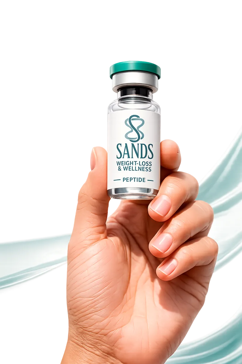 Hand holding SANDS peptide vial